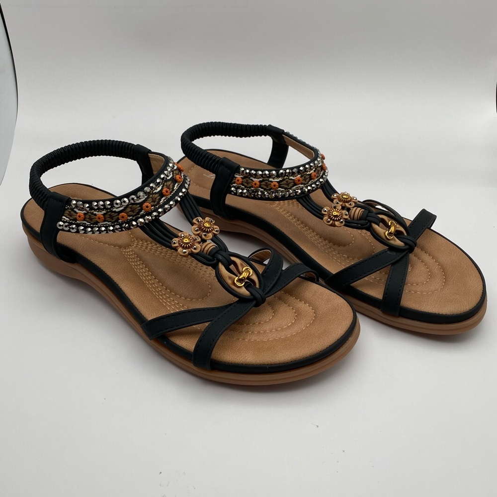 Littleplum Boho Beaded Embellished Thong Sandals Black & Tan Size 43 US 11 - Picture 2 of 8